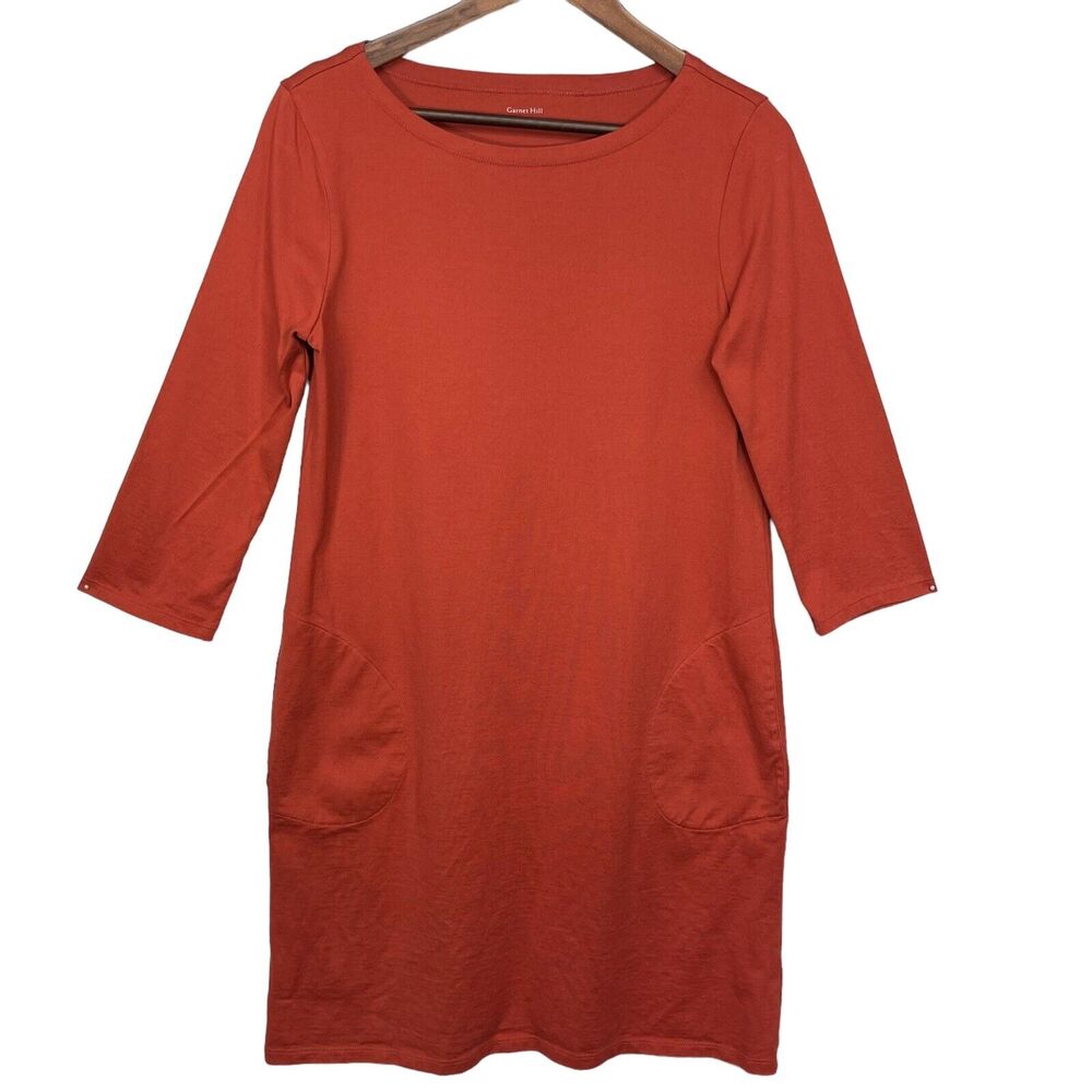 Garnet Hill Dress Women Size 8 Orange Pockets Organic Cotton Pullover 3/4 Sleeve